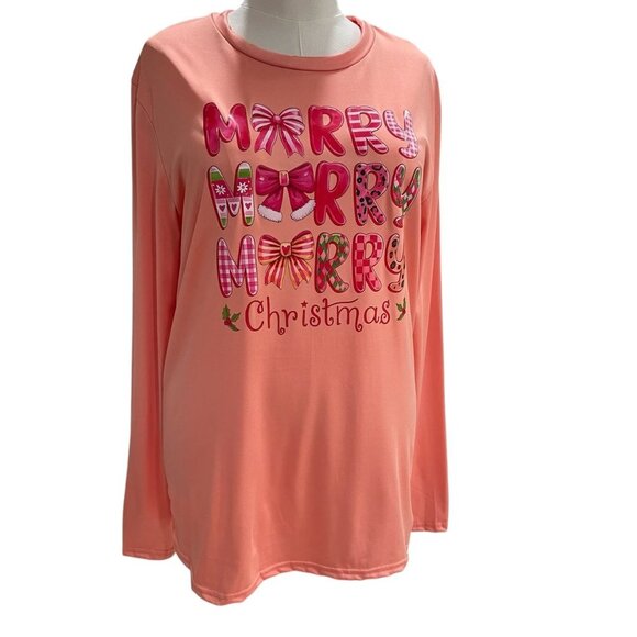 Merry Christmas Sweatshirt XL Coral Pink Coquette Soft Girl Whimsical Holiday - Picture 7 of 8